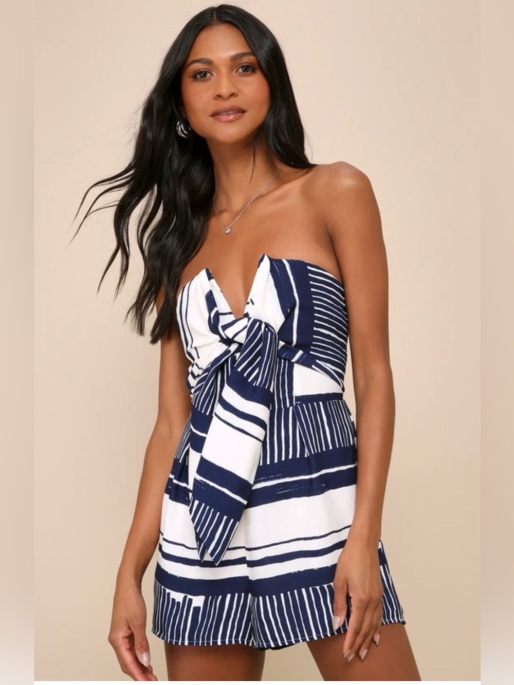 Lulus Delphi Blue and White Striped Tie-Front Strapless Romper Medium